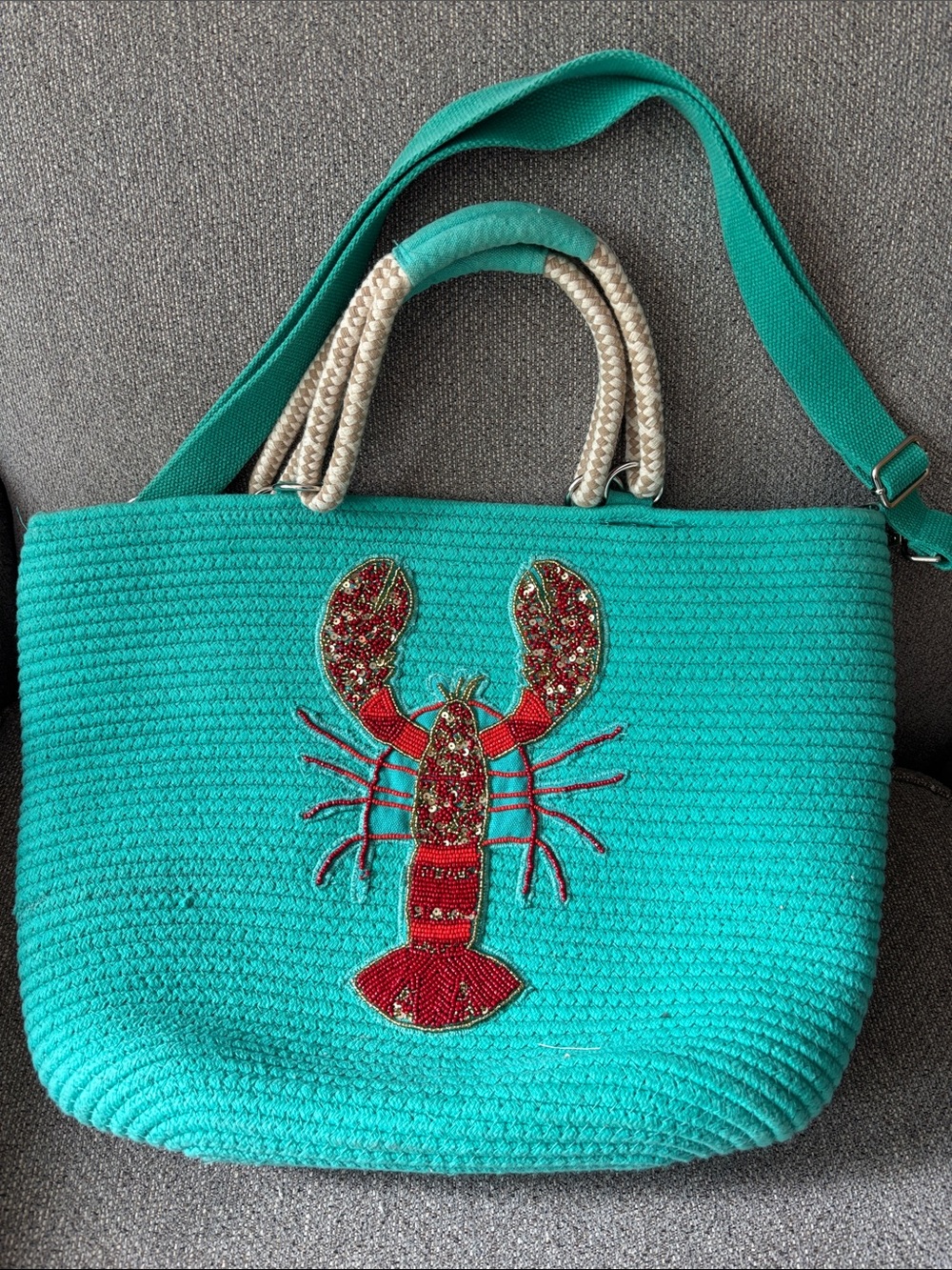 America & beyond Turquoise Crochet Tote with Red Lobster Embroidery